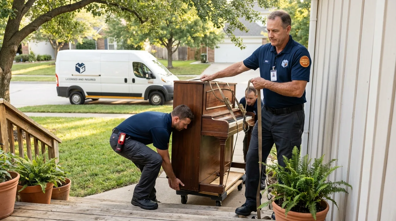 Licensed piano movers securing grand piano in Wellesley, MA
