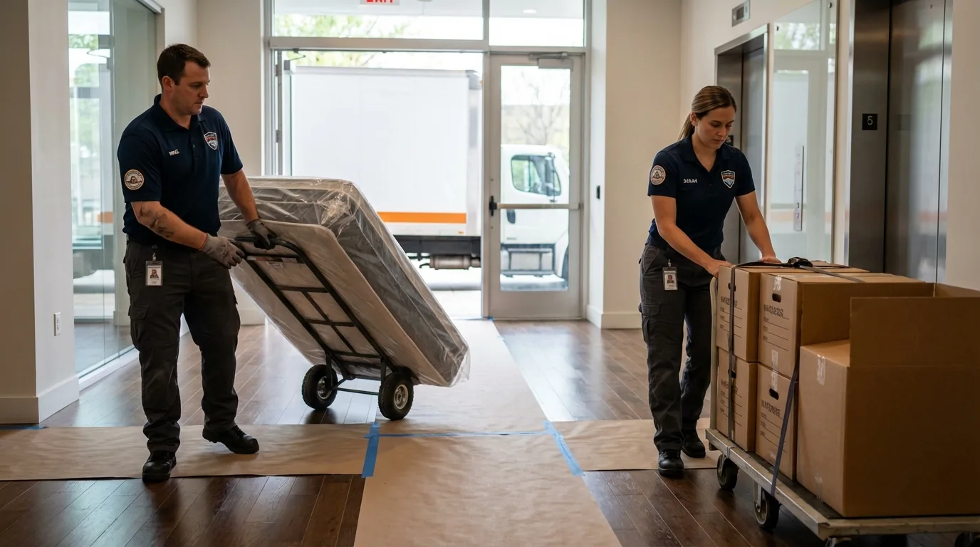 Professional apartment movers loading elevator in Wellesley, MA