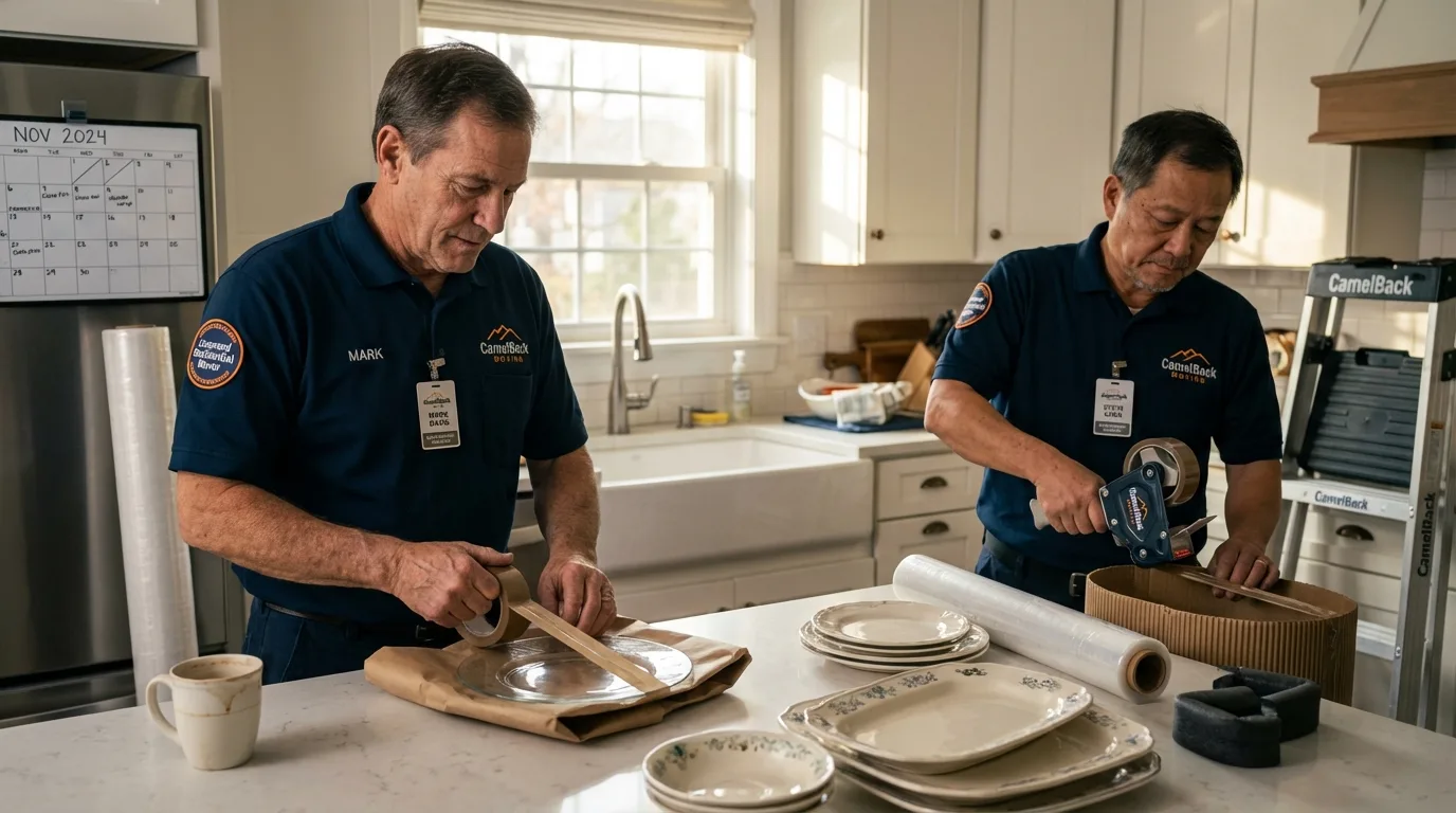 Professional crew packing kitchen dishware in Wellesley, MA